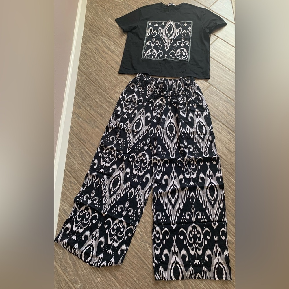 Black & White Boho 100% Cotton shirt and Wide Leg Large new set women